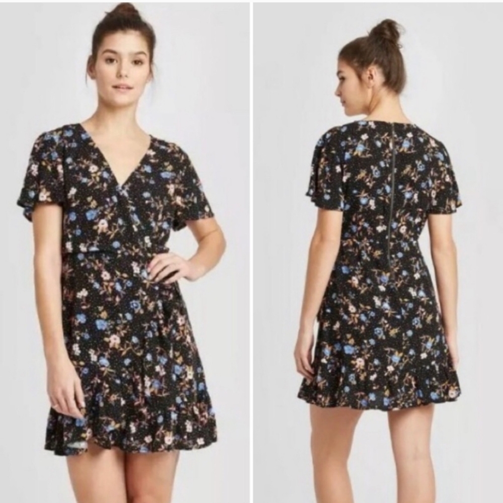 Xhilaration Black Floral Faux Wrap Peplum Mini Dress Size XS